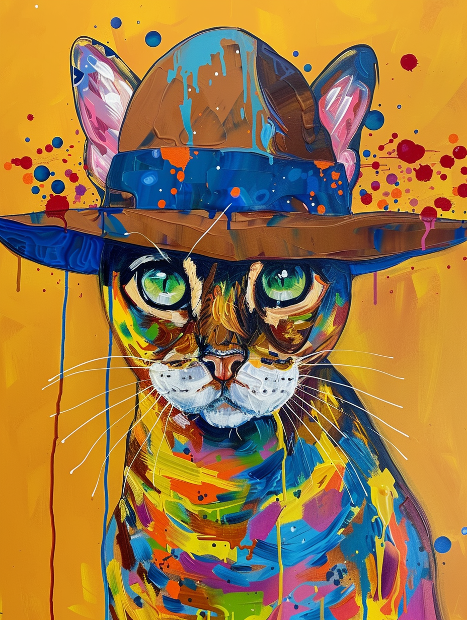 Colorful space Bengal cat with a hat Expressive surreal Poster # F025327