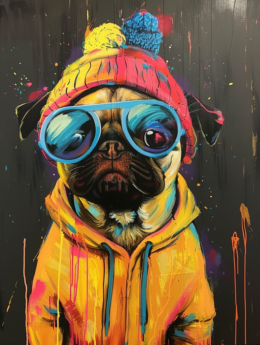 Colorful space Pug dog with a hat Expressive surreal Poster # F024440