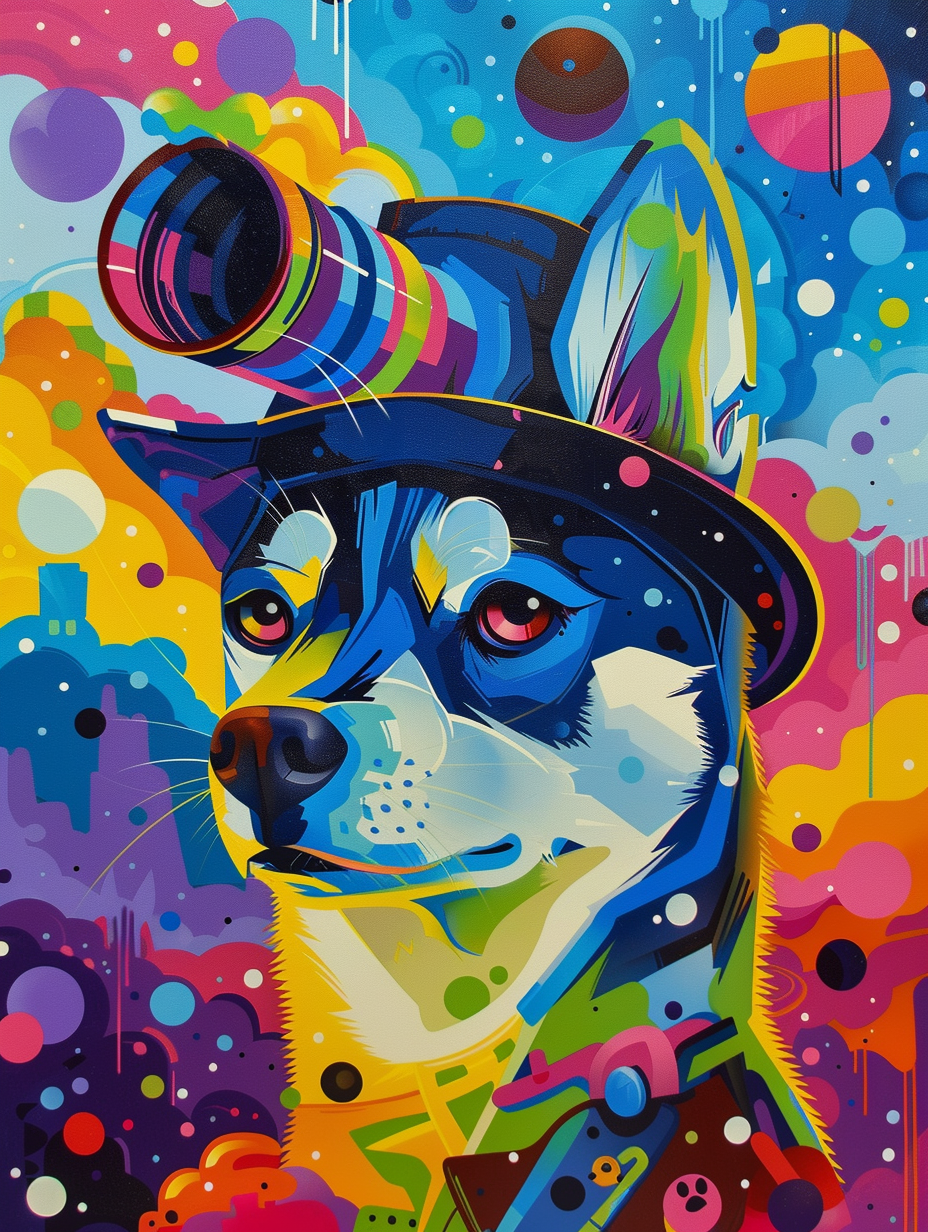 Colorful space Siberian Husky dog with a hat Expressive surreal Poster # F024431