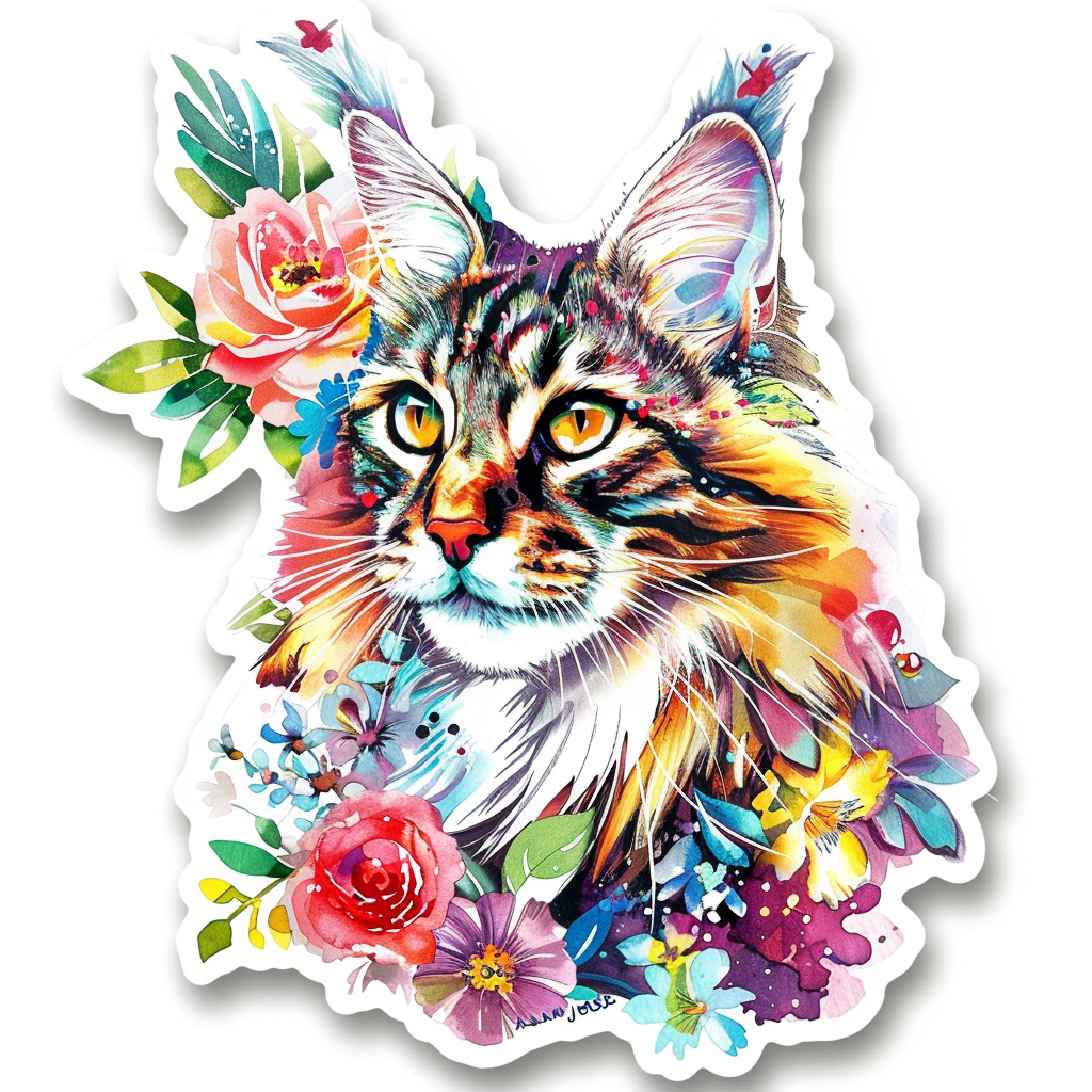 Sticker of a Maine Coon Cat floral majestic Expressive surreal Vinyl Decal Sticker for Car, Laptop, Tumbler and more # F015192