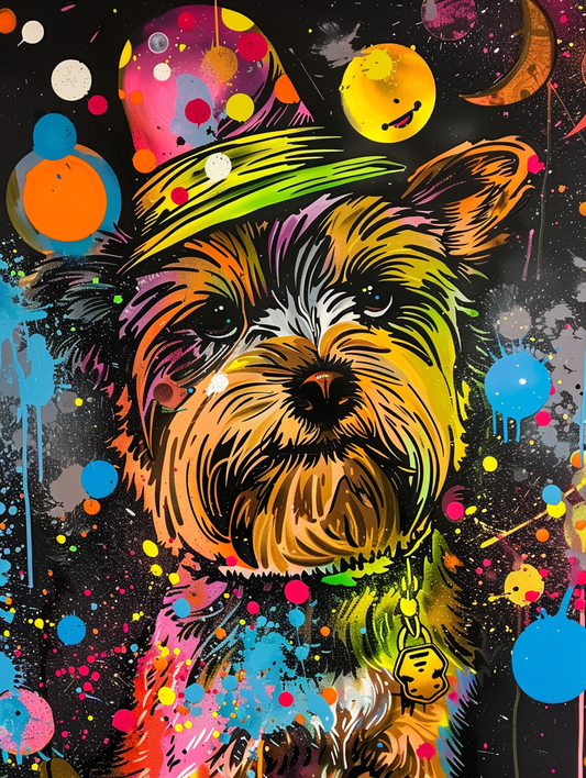 Colorful space Yorkshire Terrier dog with a hat Expressive surreal Poster # F025067
