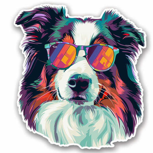 Border Collie Dog wearing sunglasses Expressive surreal Vinyl Decal Sticker for Car, Laptop, Tumbler and more # F021687-4" x 4"