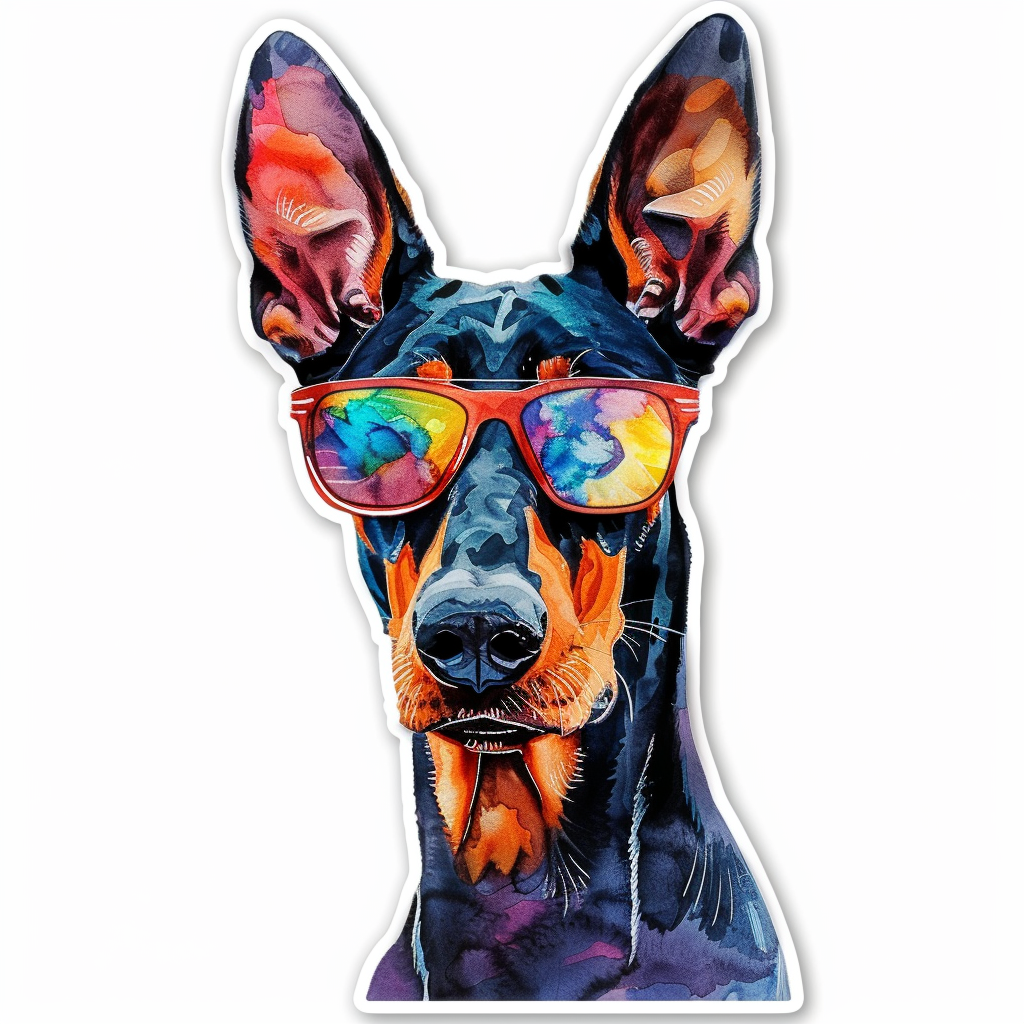 Sticker of a Doberman Pinscher Dog wearing sunglasses Expressive surreal Vinyl Decal Sticker for Car, Laptop, Tumbler and more # F019189