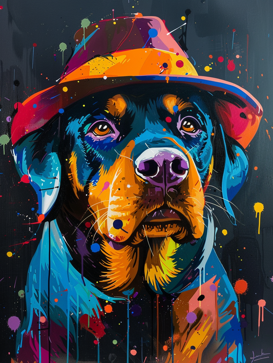 Colorful space Rottweiler dog with a hat Expressive surreal Poster # F025096