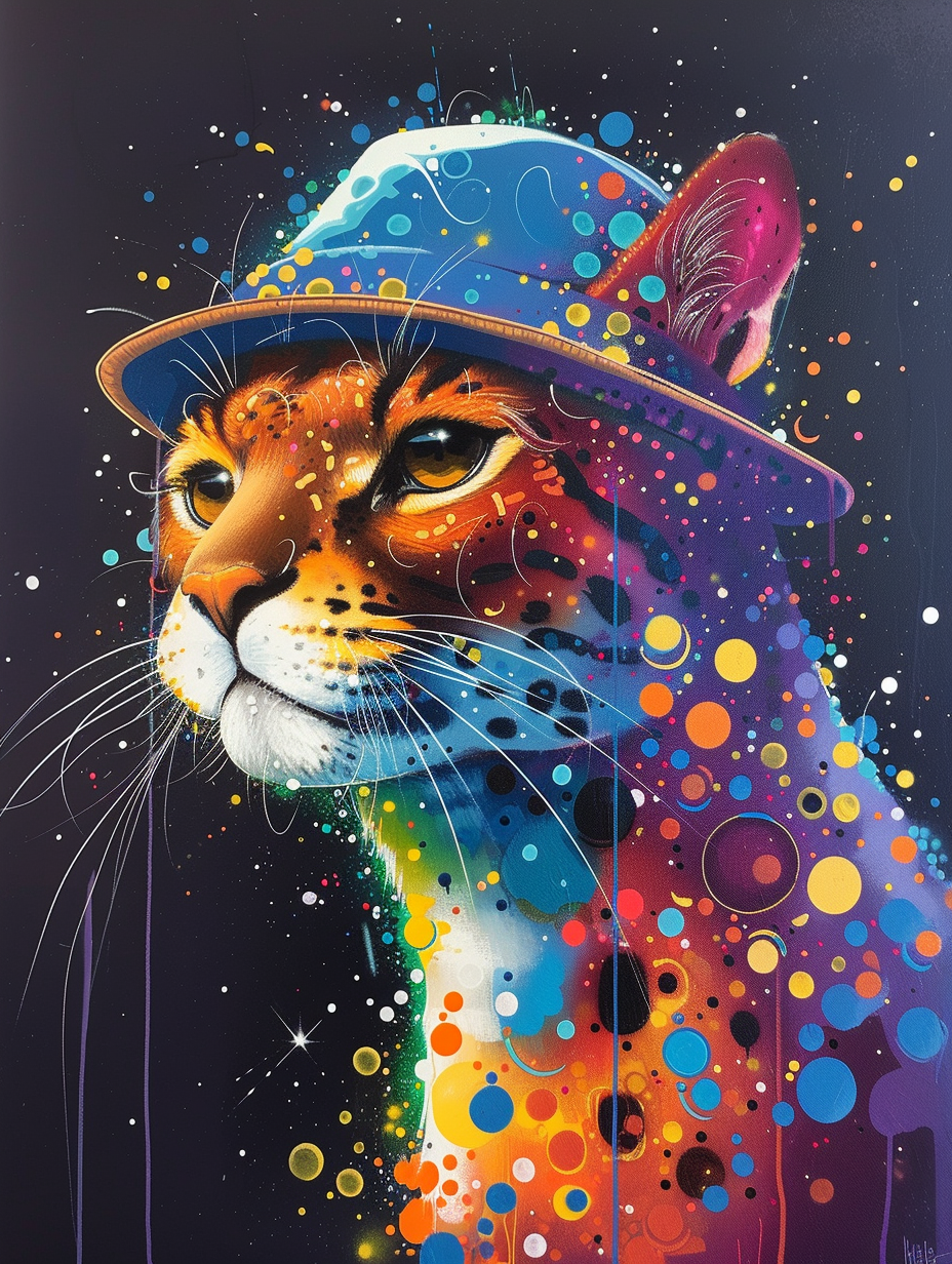 Colorful space Bengal cat with a hat Expressive surreal Poster # F025325