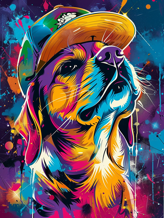 colorful space Labrador Retriever dog with a hat Expressive surreal Poster # F025398