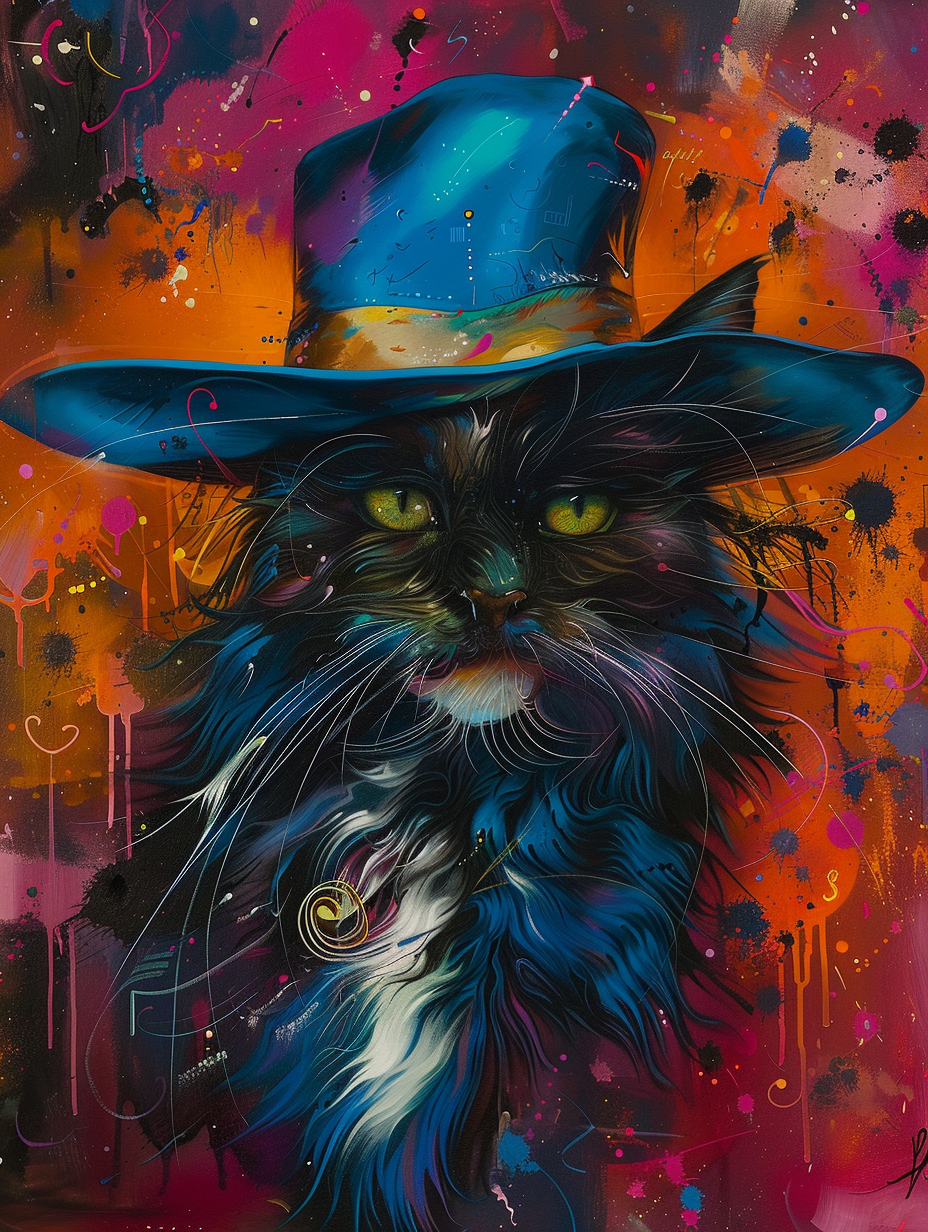 colorful space Maine Coon cat with a hat Expressive surreal Poster # F025275
