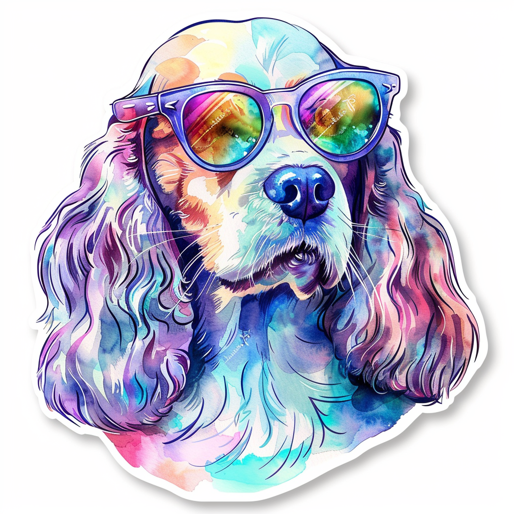 Sticker of a Cocker Spaniel Dog wearing sunglasses Expressive surreal Vinyl Decal Sticker for Car, Laptop, Tumbler and more # F020126