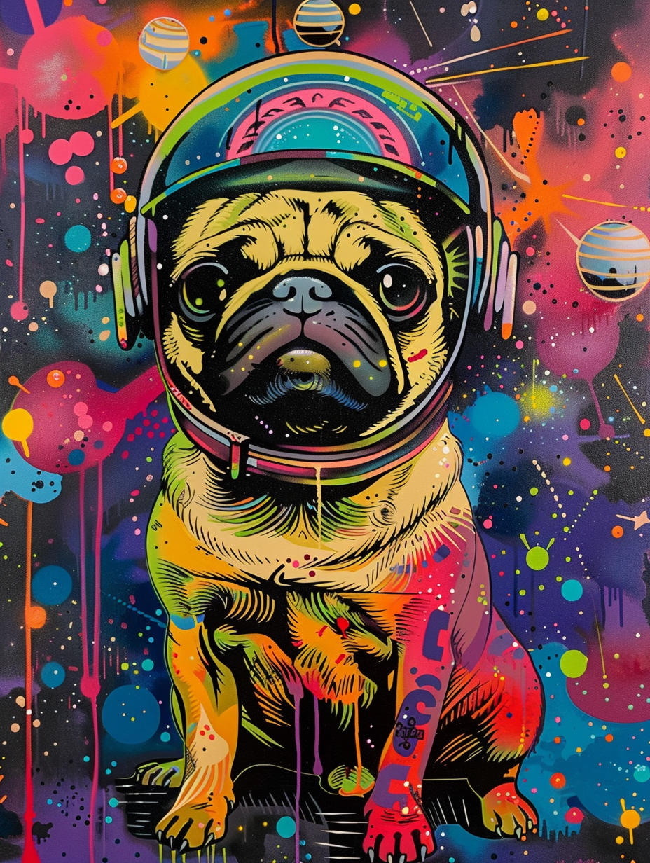 Colorful space Pug dog with a hat Expressive surreal Poster # F025122
