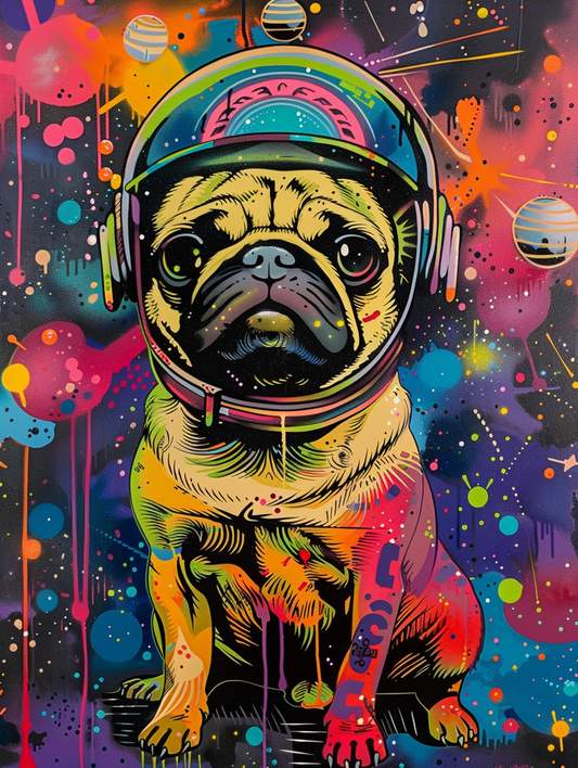 Colorful space Pug dog with a hat Expressive surreal Poster # F025122