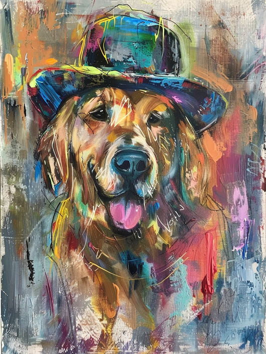 Colorful space Golden Retriever dog with a hat Expressive surreal Poster # F025536