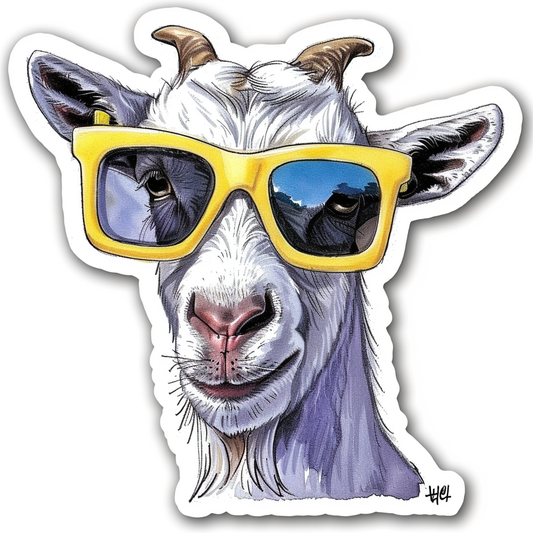 Goat wearing sunglasses Expressive surreal Vinyl Decal Sticker for Car, Laptop, Tumbler and more # F020421-4" x 4"