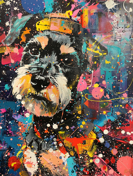 Colorful space Miniature Schnauzer dog with a hat Expressive surreal Poster # F025518