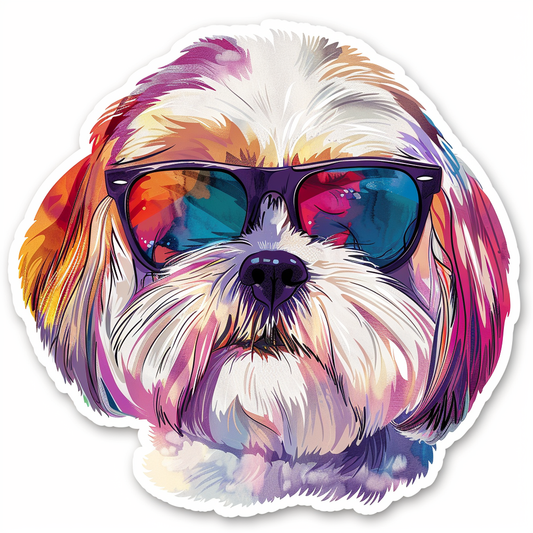 Shih Tzu Dog wearing sunglasses majestic Expressive surreal Vinyl Decal Sticker for Car, Laptop, Tumbler and more # F018748