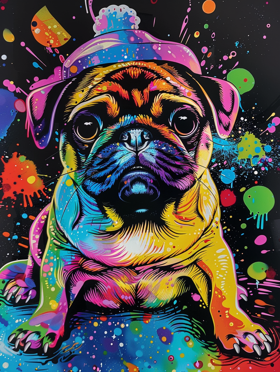 Colorful space Pug dog with a hat Expressive surreal Poster # F024999