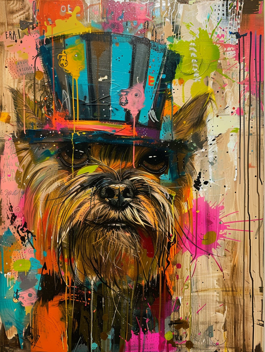 Colorful space Yorkshire Terrier dog with a hat Expressive surreal Poster # F025076
