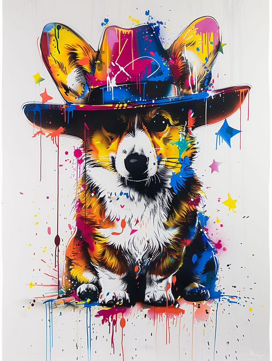 Colorful space Pembroke Welsh Corgi dog with a hat Expressive surreal Poster # F025197