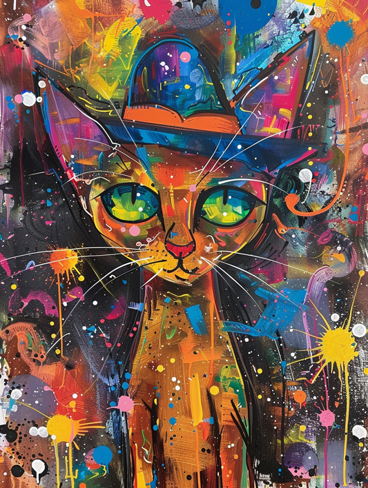 Colorful space Somali cat with a hat Expressive surreal Poster # F025262