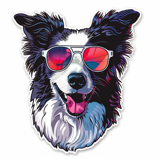 Border Collie Dog wearing sunglasses Expressive surreal Vinyl Decal Sticker for Car, Laptop, Tumbler and more # F021693-4" x 4"