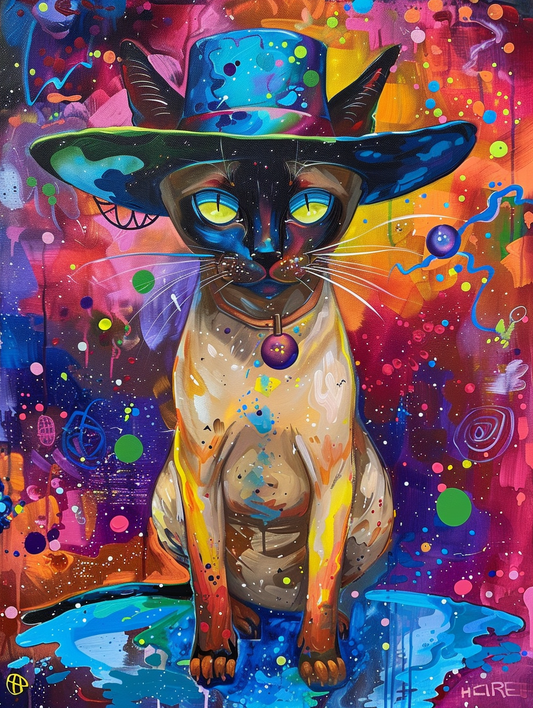 Colorful space Siamese cat with a bow tie Expressive surreal Poster # F024640