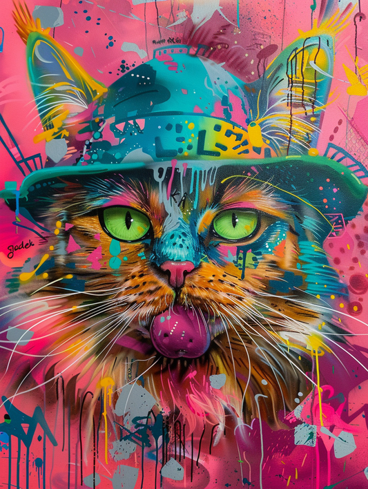 colorful space Maine Coon cat with a hat Expressive surreal Poster # F025263