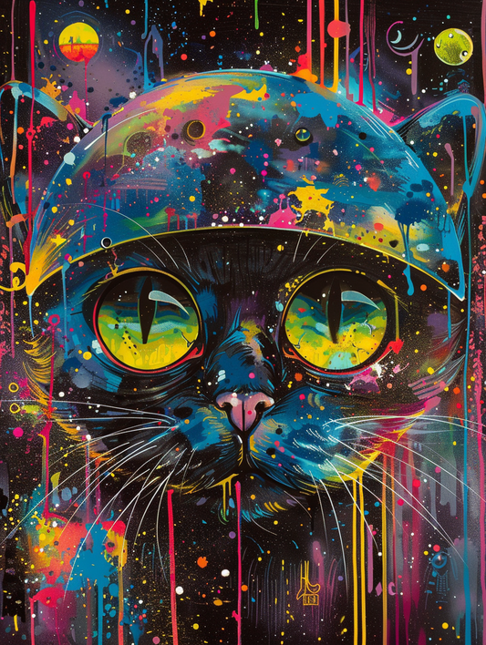 colorful space British Shorthair cat with a hat Expressive surreal Poster # F025311