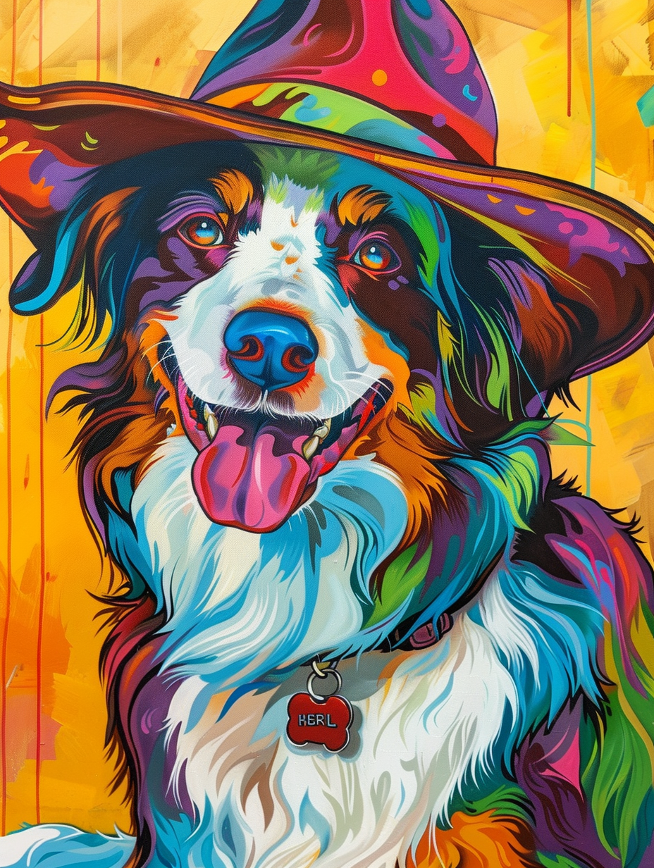 Colorful space Border Collie dog with a hat Expressive surreal Poster # F024920