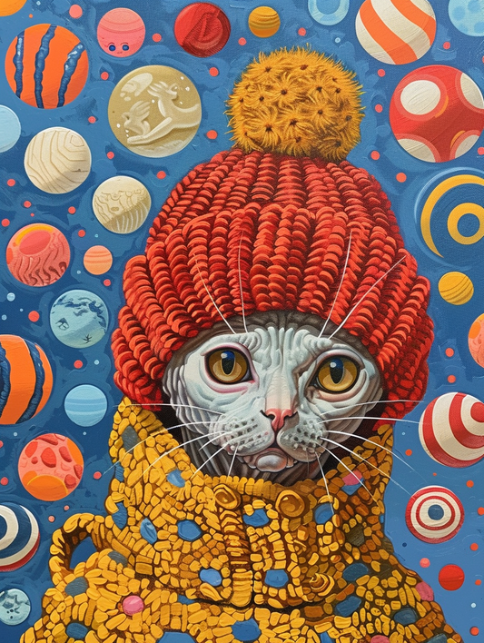 Colorful space Devon Rex cat with a hat Expressive surreal Poster # F025207