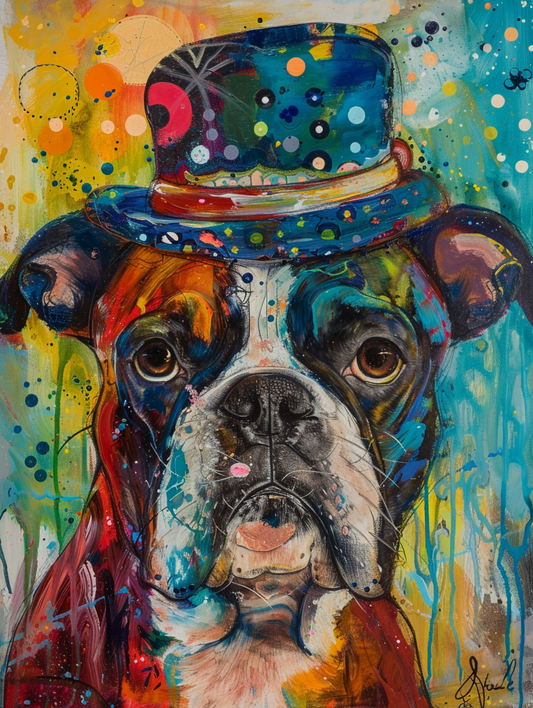 Colorful space Boxer dog with a hat Expressive surreal Poster # F024993
