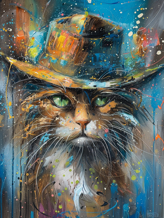 Colorful space Norwegian Forest Cat cat with a hat Expressive surreal Poster # F025211
