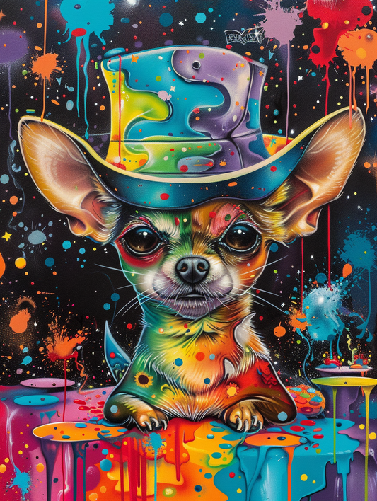 Colorful space Chihuahua dog with a hat Expressive surreal Poster # F024971