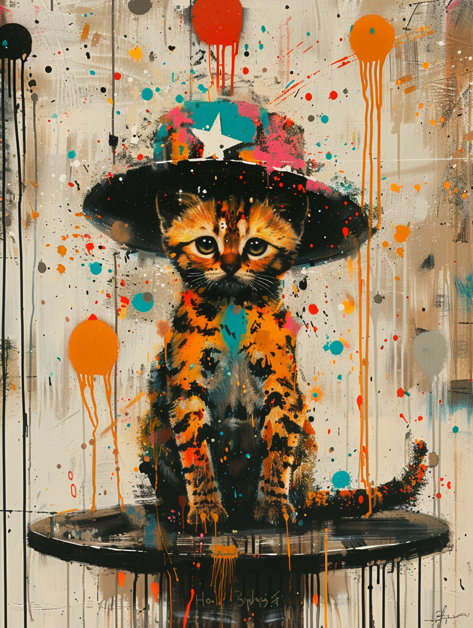 colorful space Bengal cat with a hat by Gotlib Bran Expressive surreal Poster # F024670
