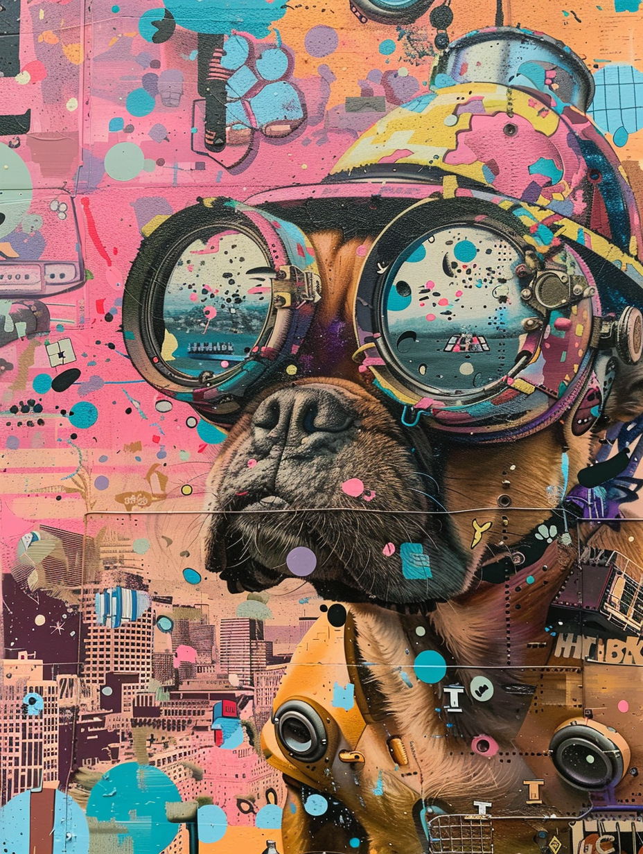Colorful space Boxer dog with a hat Expressive surreal Poster # F024419