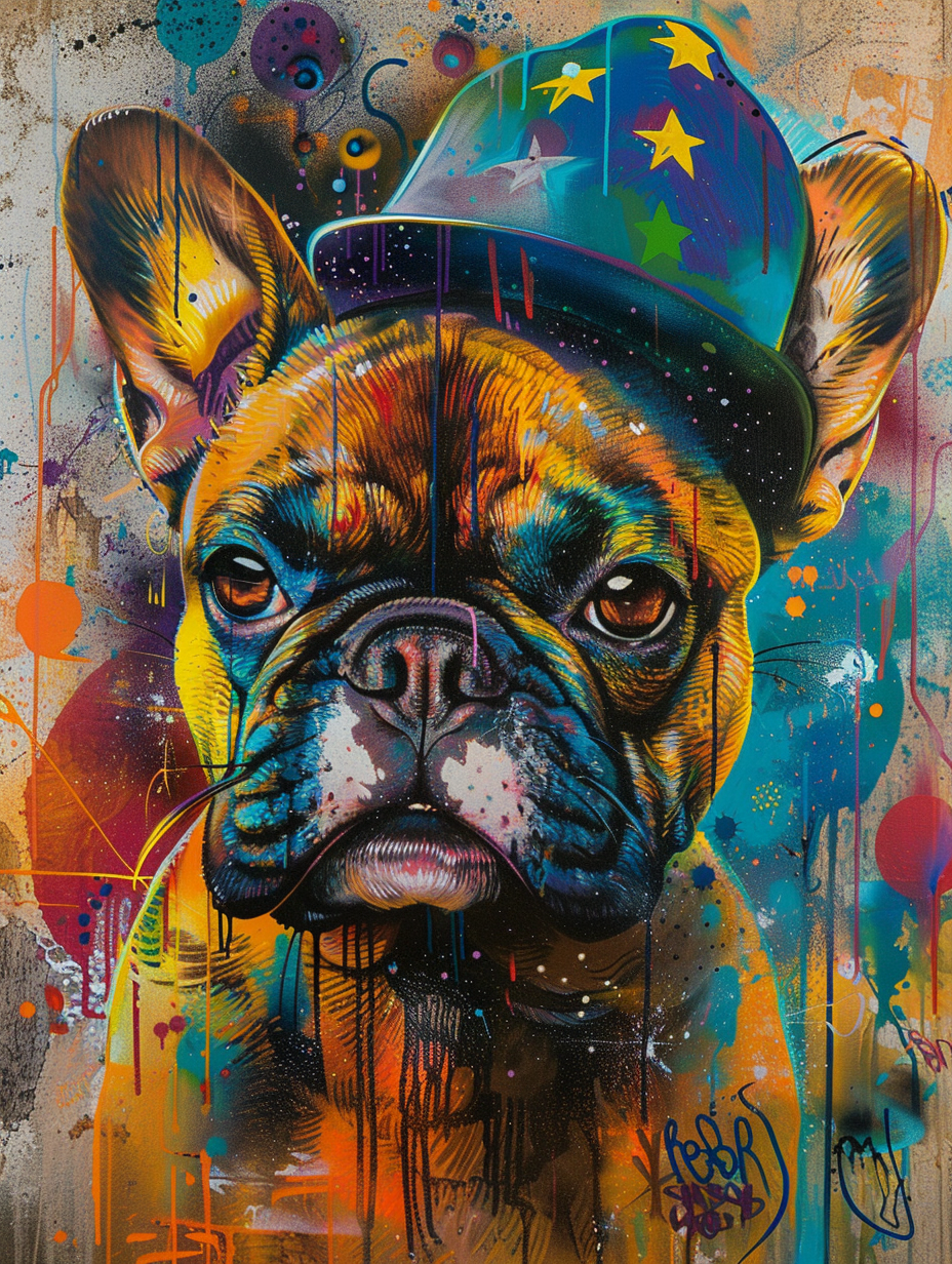 Colorful space French Bulldog dog with a hat Expressive surreal Poster # F025525
