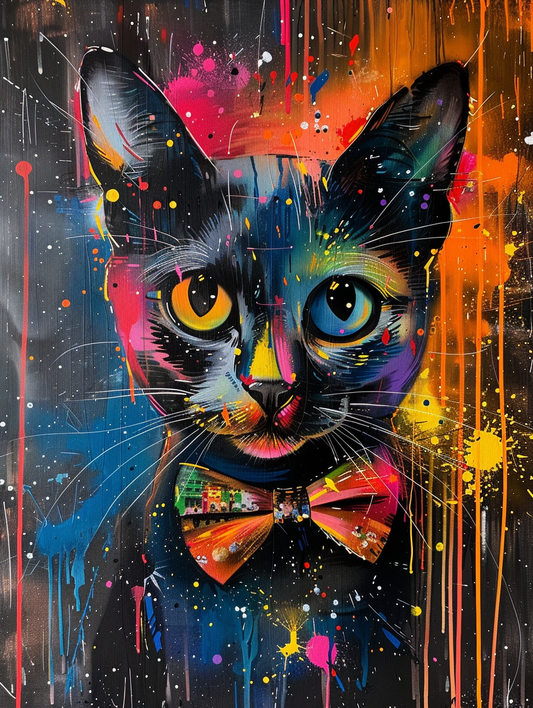 Colorful space Burmese cat with a bow tie Expressive surreal Poster # F024314