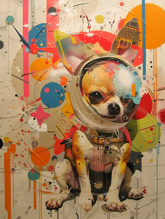 Colorful space Chihuahua dog with a hat Expressive surreal Poster # F025142