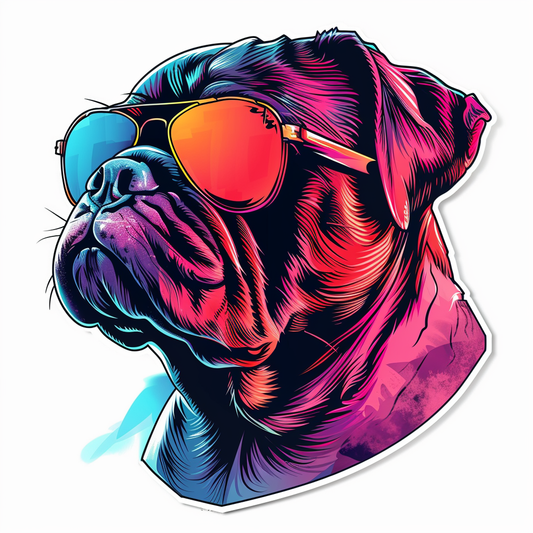 Bulldog Cool Neon Party in sunglasses Expressive surreal Vinyl Decal Sticker for Car, Laptop, Tumbler and more # F018054