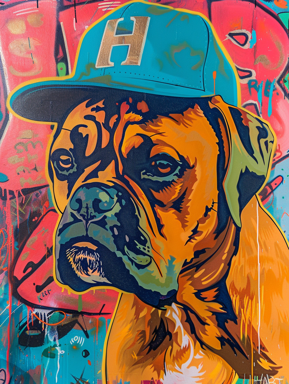 Colorful space Boxer dog with a hat Expressive surreal Poster # F025087