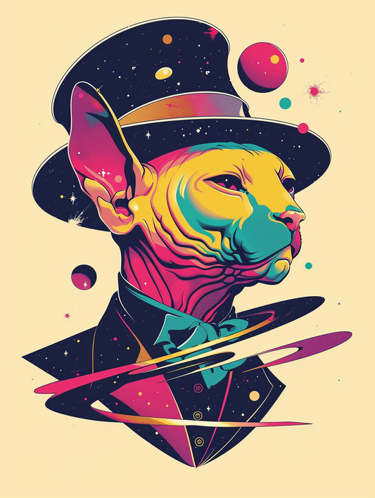 Colorful space Sphynx cat with a hat Expressive surreal Poster # F024678