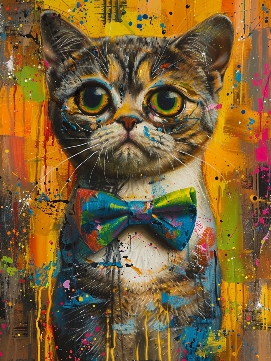 Colorful space Scottish Fold cat with a bow tie Expressive surreal Poster # F024363