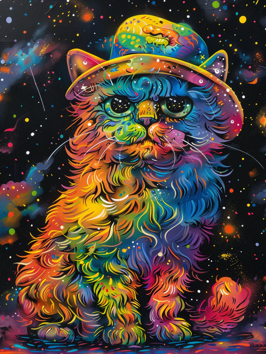Colorful space Persian cat with a hat Expressive surreal Poster # F025346