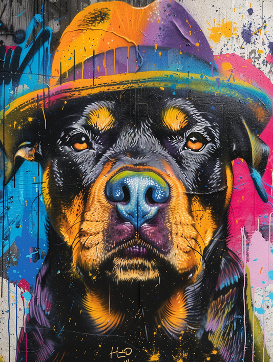 Colorful space Rottweiler dog with a hat Expressive surreal Poster # F025573