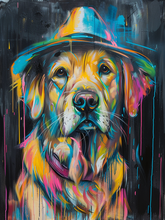 Colorful space Golden Retriever dog with a hat Expressive surreal Poster # F025406