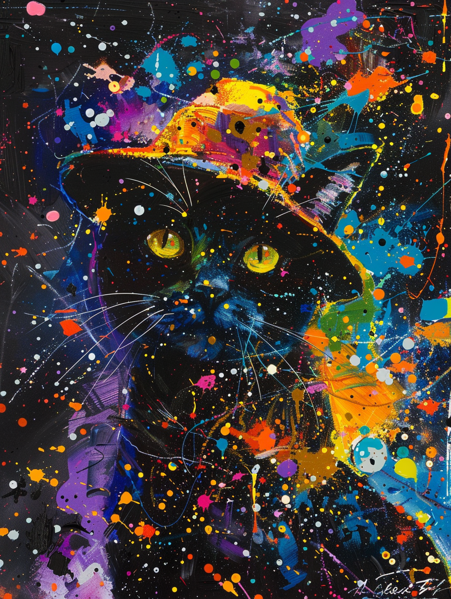colorful space Russian Blue cat with a hat Expressive surreal Poster # F025224