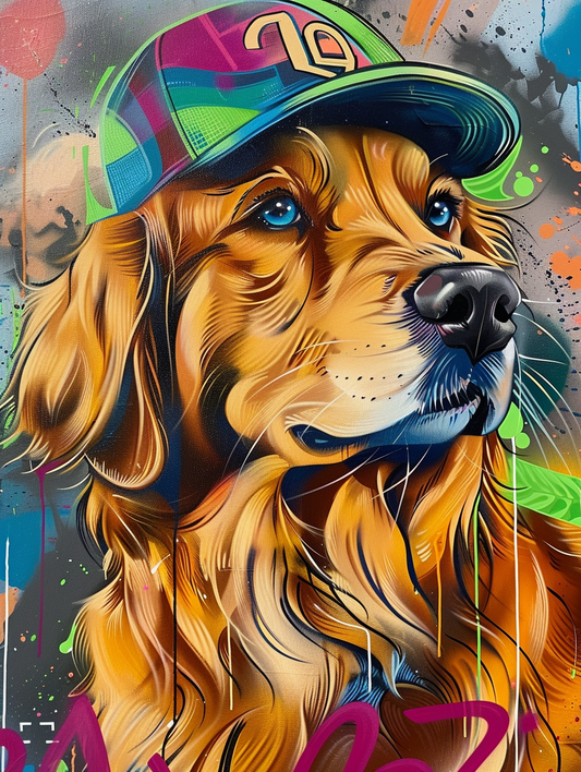 Colorful space Golden Retriever dog with a hat Expressive surreal Poster # F025563