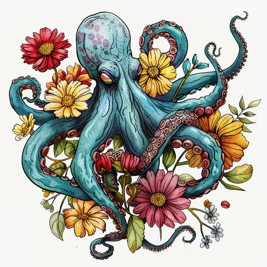 Octopus floral majestic Expressive surreal Vinyl Decal Sticker for Car, Laptop, Tumbler and more # F015538-16" x 16"