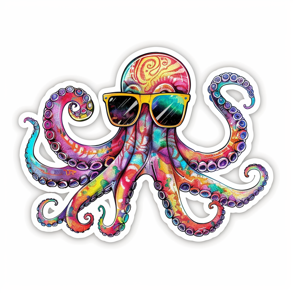 Sticker of a Octopus wearing sunglasses majestic Expressive surreal Vinyl Decal Sticker for Car, Laptop, Tumbler and more # F015406