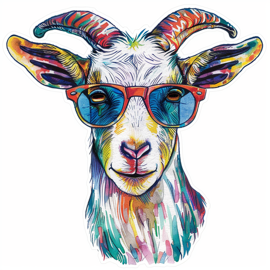 Goat wearing sunglasses Expressive surreal Vinyl Decal Sticker for Car, Laptop, Tumbler and more # F020407-4" x 4"
