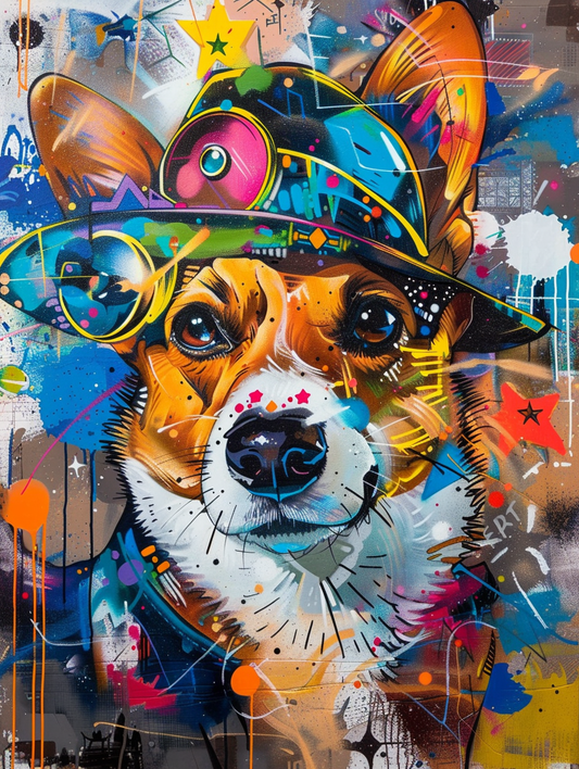 Colorful space Pembroke Welsh Corgi dog with a hat Expressive surreal Poster # F024453