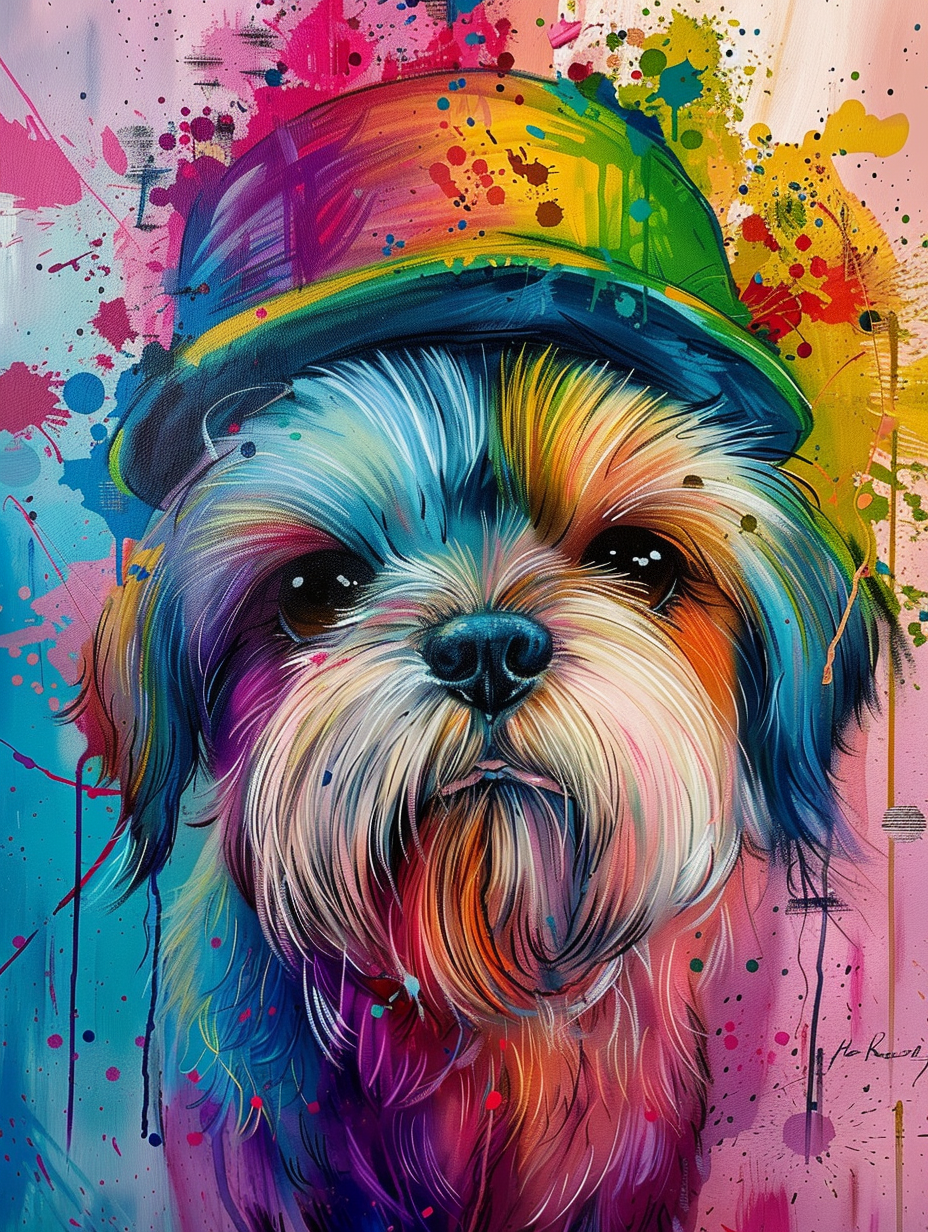 Colorful space Shih Tzu dog with a hat Expressive surreal Poster # F024976
